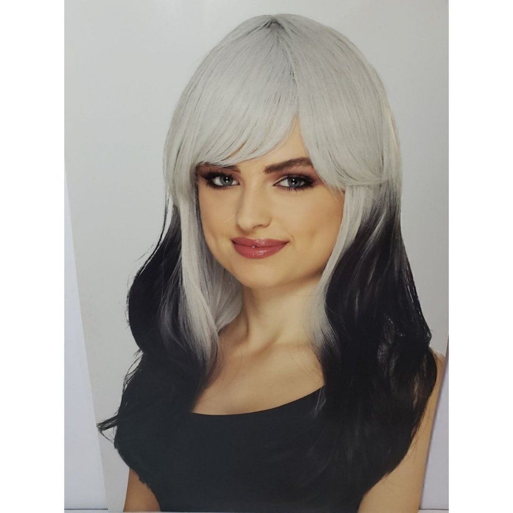 Women's Wig White Gradient Black Long Wavy Halloween Wig Cosplay Adult Teen NWT